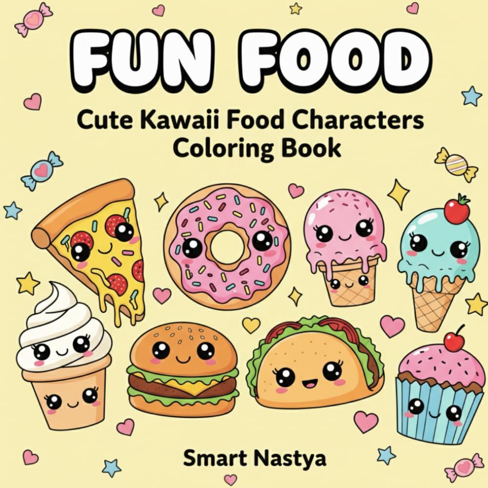FUN FOOD: Cute Kawaii Food Coloring Book for Kids Ages 4-14 Big Simple Designs | Toddlers & Preschoolers