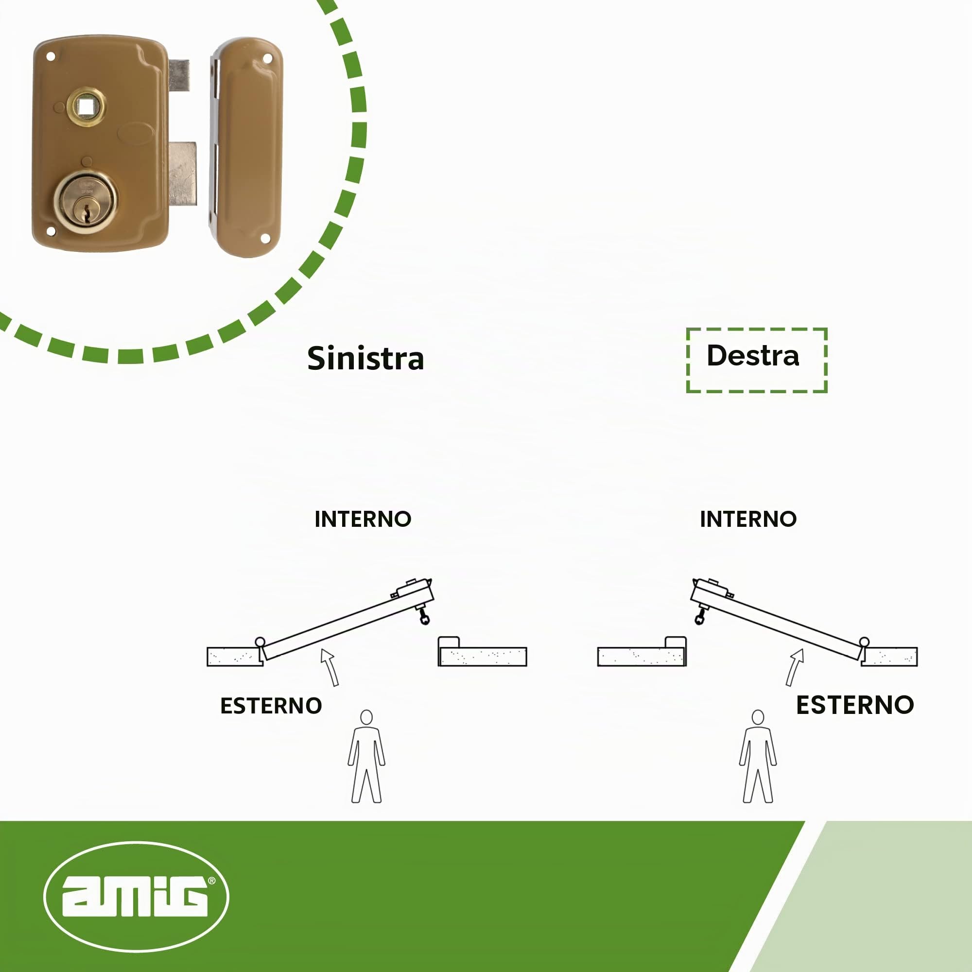 Amig - Serratura a Sovrapposizione a Destra con Leva di Chiusura e Linguetta per Porte in Legno Mod. 75UN 76 x 120 mm Cilindro rotondo di sicurezza in acciaio dorato