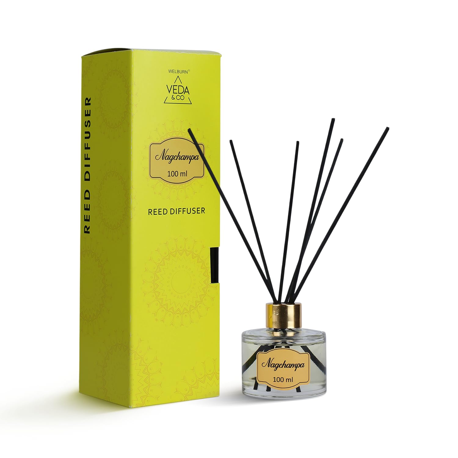 Welburn Veda&Co® Nagchampa Scented Reed Diffuser – 100ml | Long Lasting Aromatic Fragrance for Home Office Living Room Bedroom | Spiritual Air Freshener Decor | 6 Free Reeds | Ready-to-Use Oil Blend