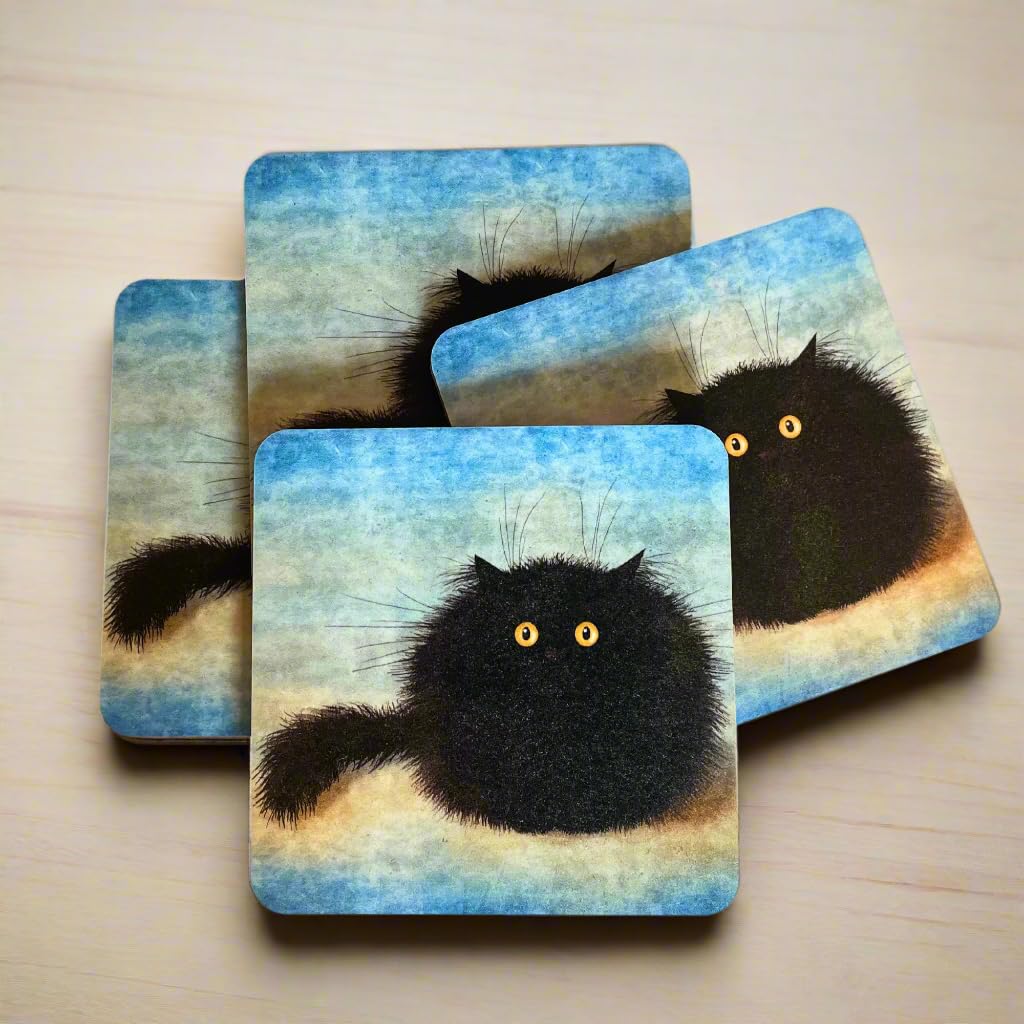 Oreo Set of 4 Square Funny Black Cat Drinks Table Coasters Cork Back Wooden Gift