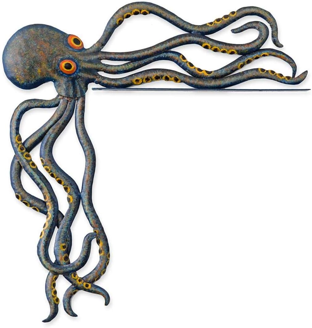 Wind & Weather Metal Octopus Door Crawler – Handcrafted Reclaimed Metal Indoor and Outdoor Decor – Mottled Blue Finish with Big Rrange Eyes – 17.32 W x 5.51 H x 1.61 D
