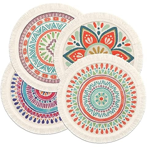LOMOHOO Set of 4 Round Placemats 13 Inch Table Mats Boho Cotton Woven Mandala Tassels Heat Proof Washable Circle Place Mat for Kitchen Dining Wedding Farmhouse Home Decoration Cover