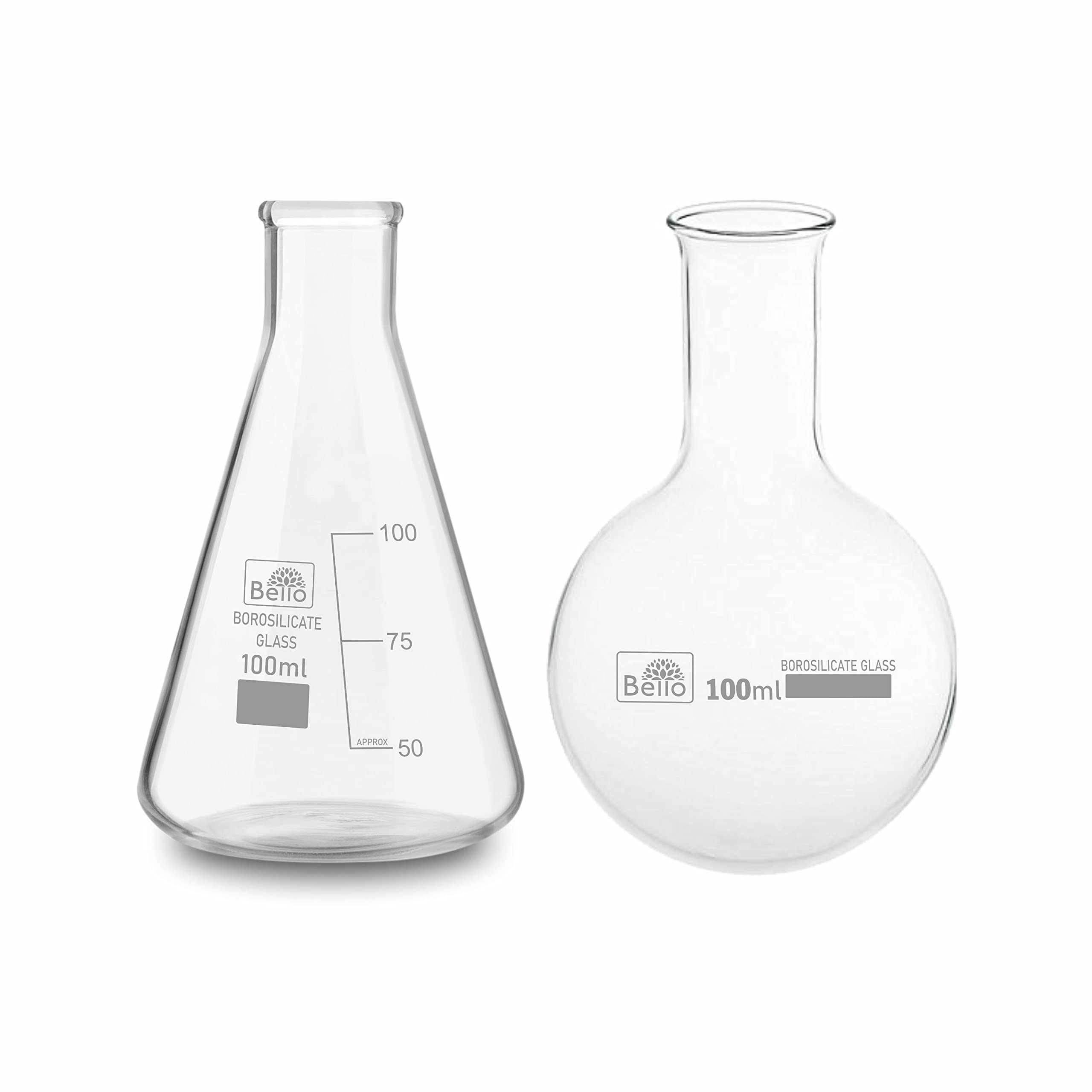 Bello Borosilicate Glass 3.3 Round Bottom Boiling Flask 100 ml & Conical Flask 100 ml of 2 for school collage chemistry lab laboratory (B0B8P85MNL) Amazon Price History, Amazon Price Tracker