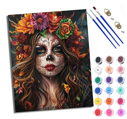 WXRWANG Pintar por Numeros Adultos DIY Pintura por Números Flores de belleza del Día de los Muertos Kit…