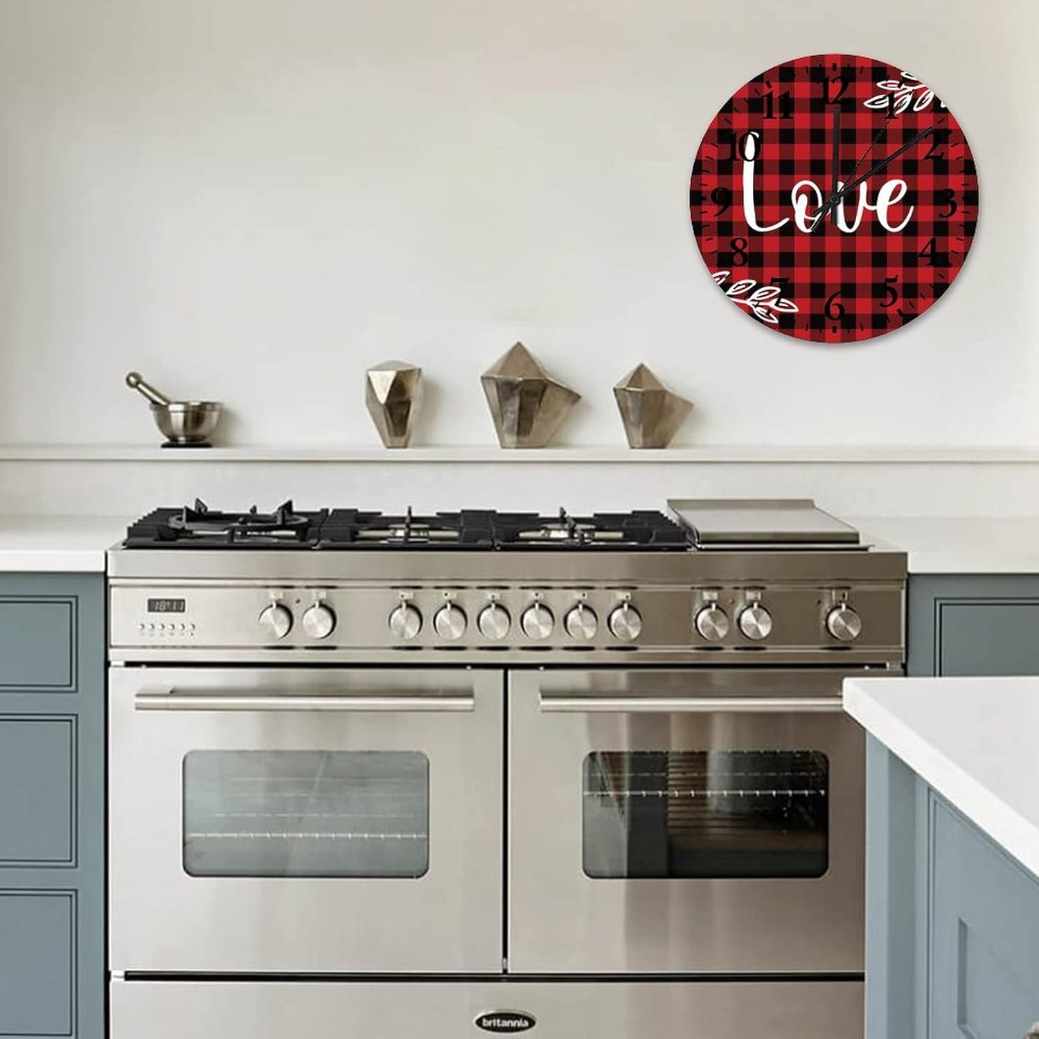 12 Inch Valentine's Day Love Wall Clock Silent & Non-Ticking Buffalo Plaid Romantic Quote for Valentines Day Bedroom Decorations Arabic Numbers Round Clock for Home Living Room Office Decoration
