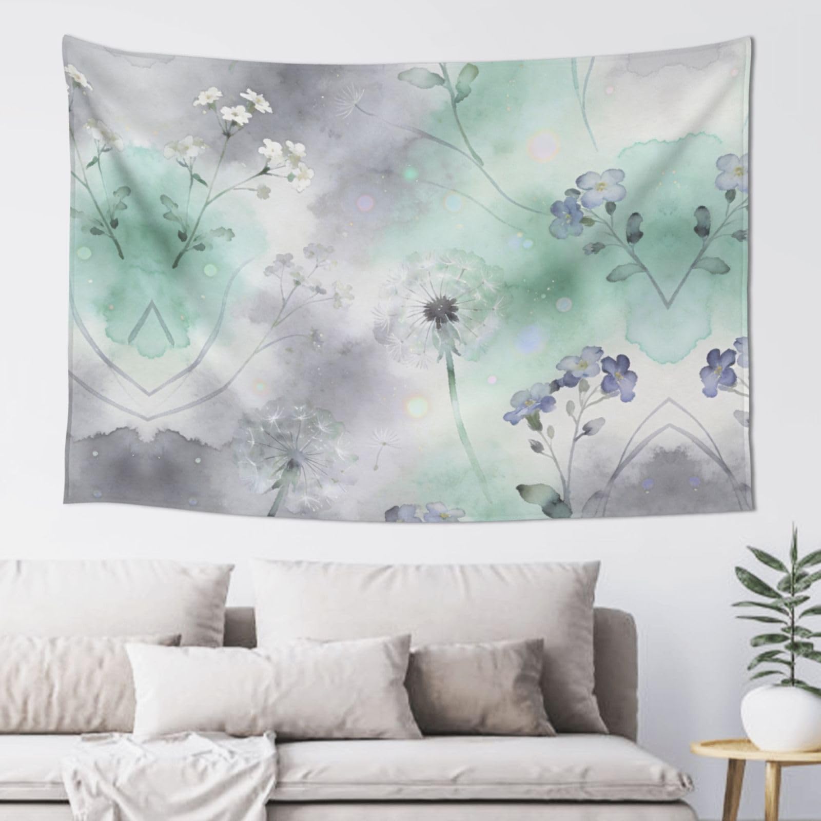 Duykimqw Watercolor Dandelion & Blue Flower Design Print Wall Tapestry - Floral Wall Hanging Blanket Interior Decoration Of Bedroom And Living Room