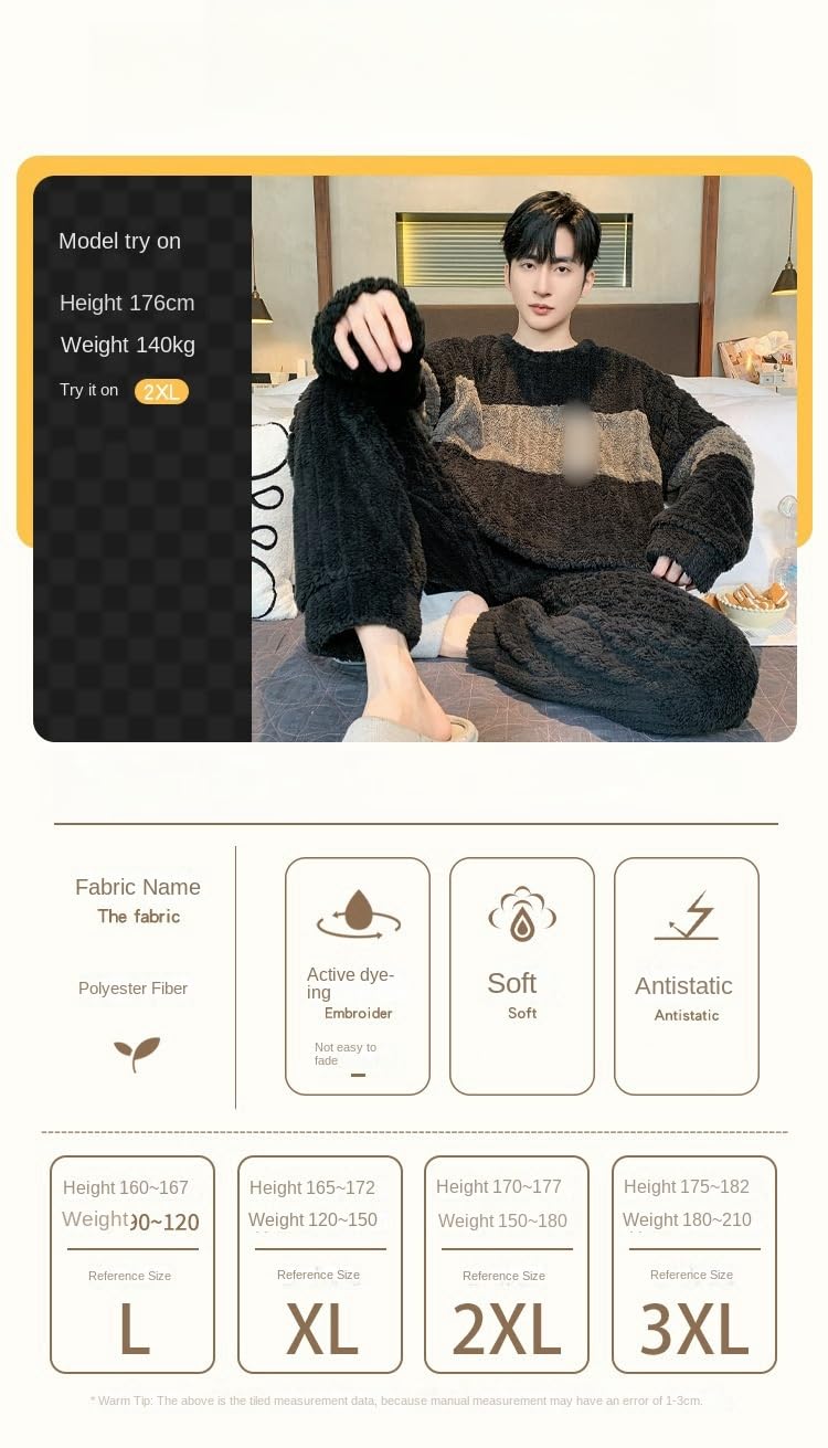 Pigiama in Flanella Pigiatura da Uomo A Manica Lunga Jacquard Abiti da Casa Peluche Inverno Sciolto Caloroso Set A Due Pezzi-Black+caffè-XXL
