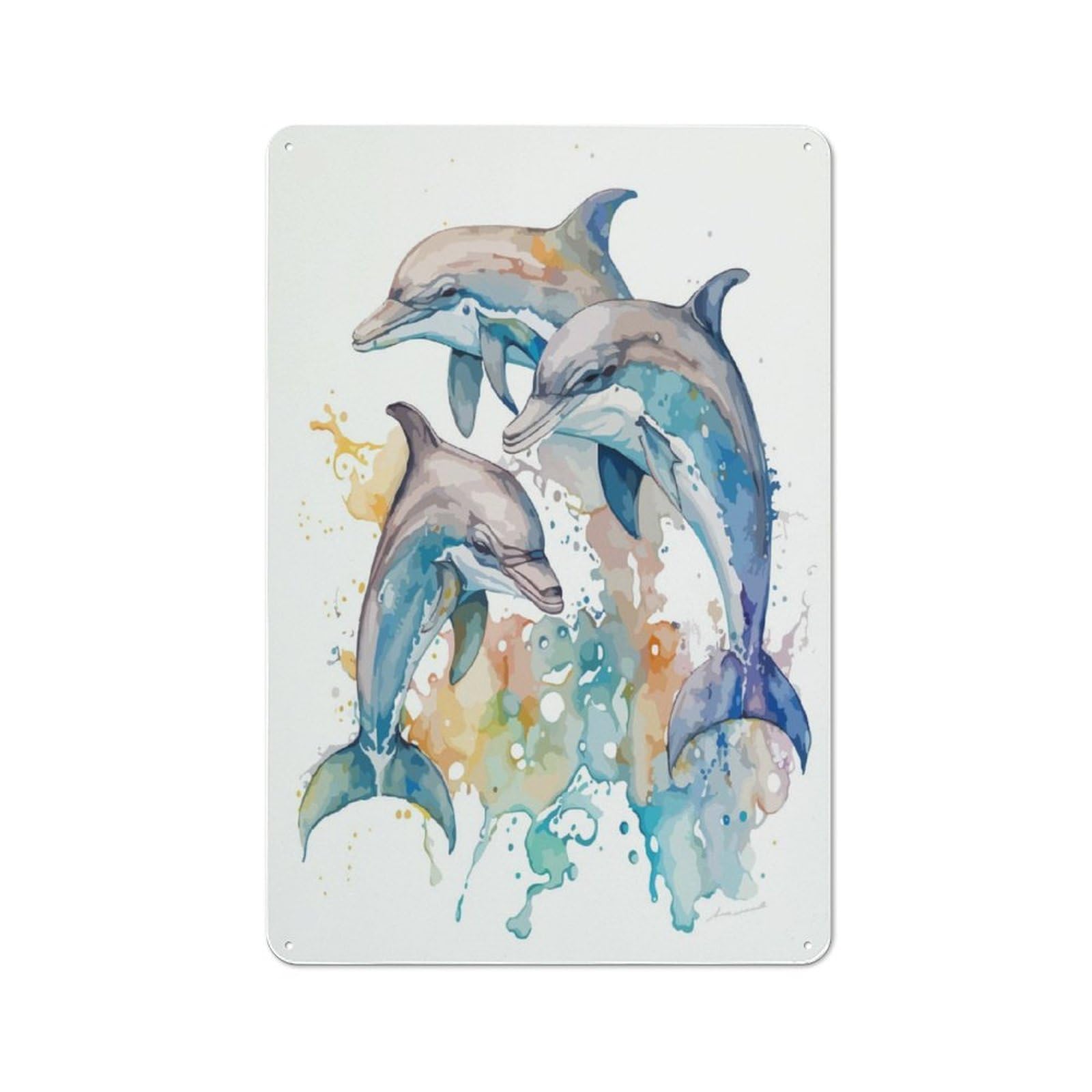 Junmoney Dolphins Watercolor Art Tin Wall Plaque 30X20cm With For Man Cave Or Games Room, For Updating Man Cave And Games Room After Moving
