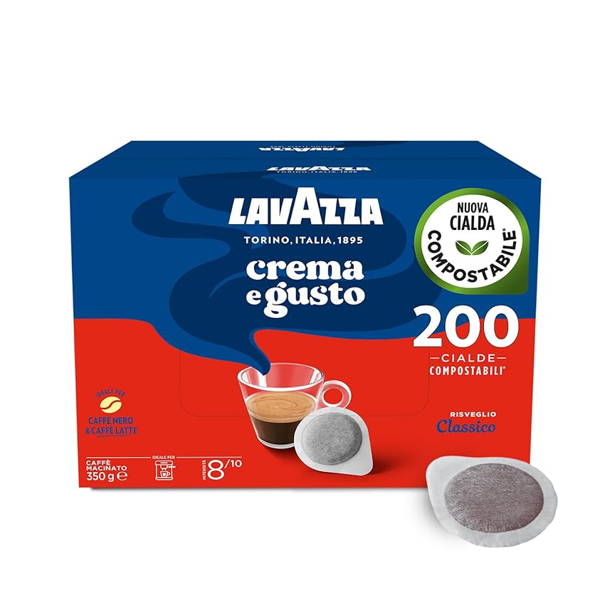 Lavazza, Crema e Gusto Classico, Caffè per Macchine Espresso, Arabica e Robusta con Note di Legno e Tabacco, Intensità 8/10, Tostatura Scura, 4 Confezioni Da 50 Cialde