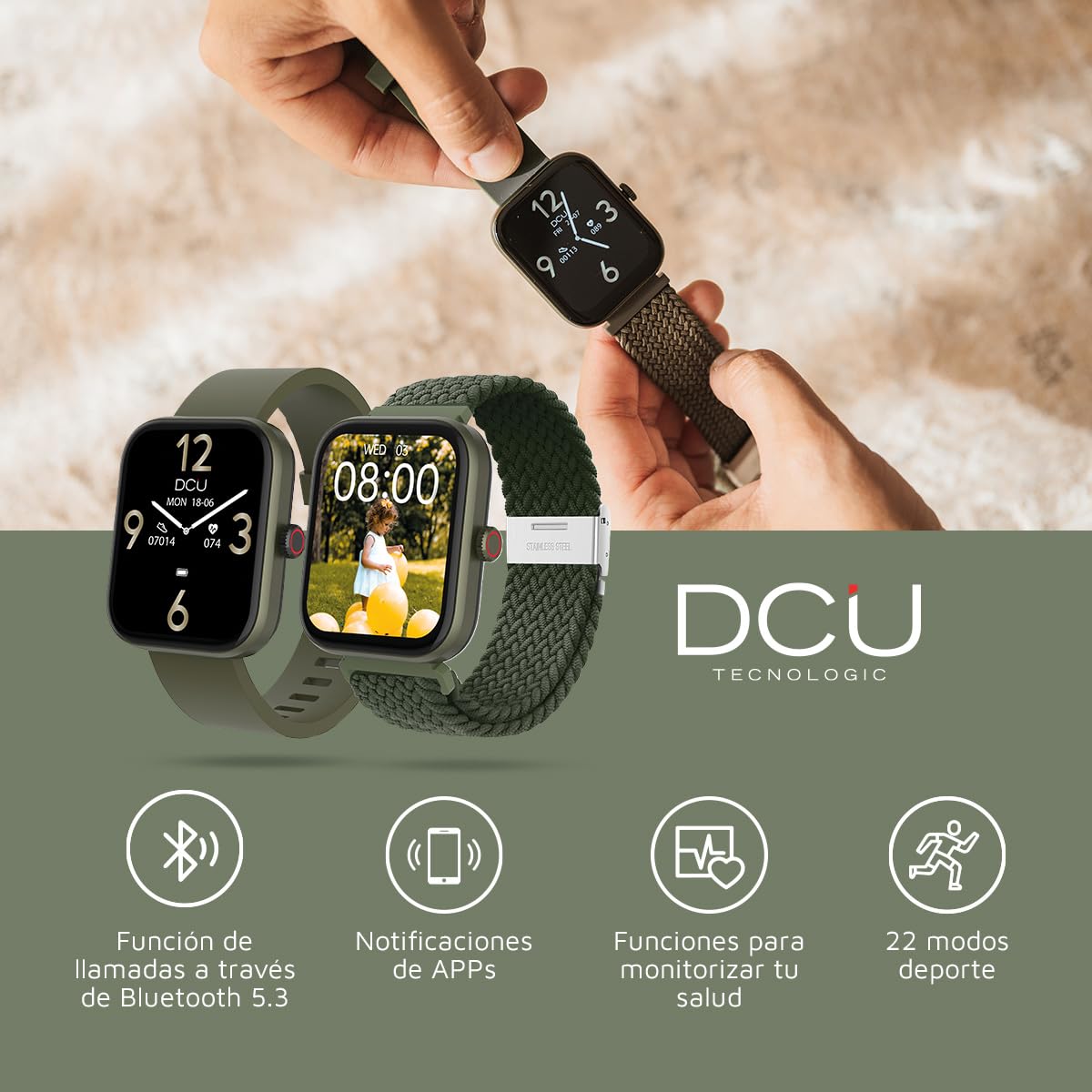 DCU TECNOLOGIC - Smartwatch Los Ángeles - Reloj Inteligente - Incluye 2 Correas: Silicona y Nailon - Pantalla Táctil TFT 1,8'' - 22 Modos de Deporte