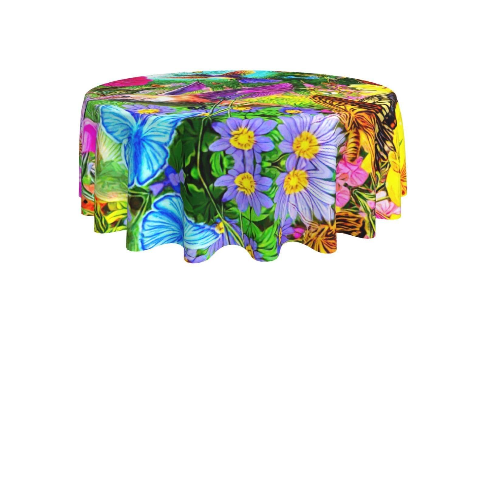 ENGhjes Birds Flowers Butterfly Print Round Tablecloth 60in Washable Stainproof Polyester Cloth for Kitchen Idea