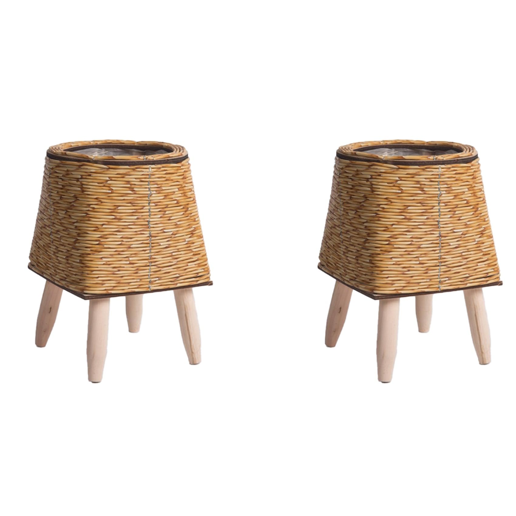 Vjsujehgy 2X Vintage Imitation Rattan Woven Flower Shelf Handmade Storage Basket with Wooden Legs Plant Pot Stand,C