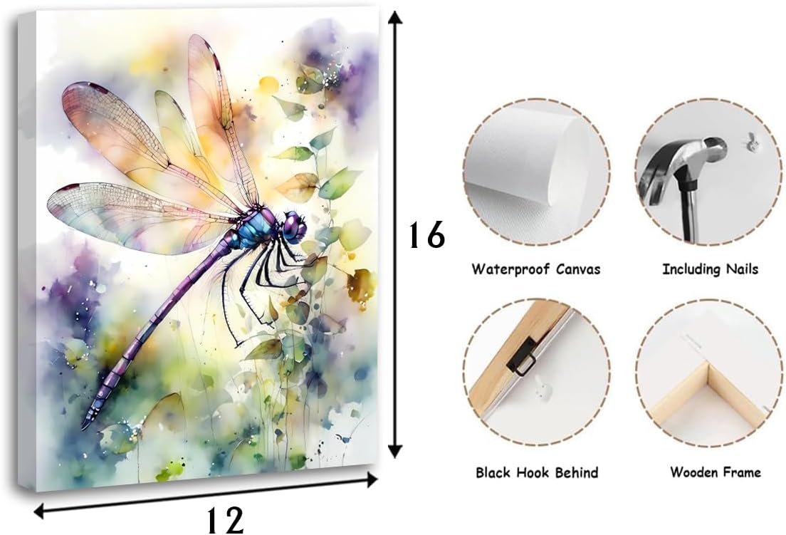 Framed Dragonfly Canvas Wall Art,Colorful Dragonfly Nursery Pictures Wall Decor,Botanical Watercolor Painting Print Artwork Insect Poster,for Bathroom Living Room Home Decor 12''x16''inch