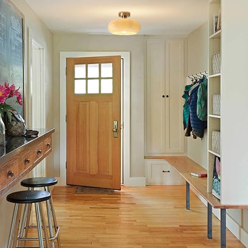 Miniatura 4 de Lámpara de techo de latón empotrada de mediados de siglo, moderna lámpara de techo dorada cepillada de vidrio amarillo leche semiempotrada, lámpara