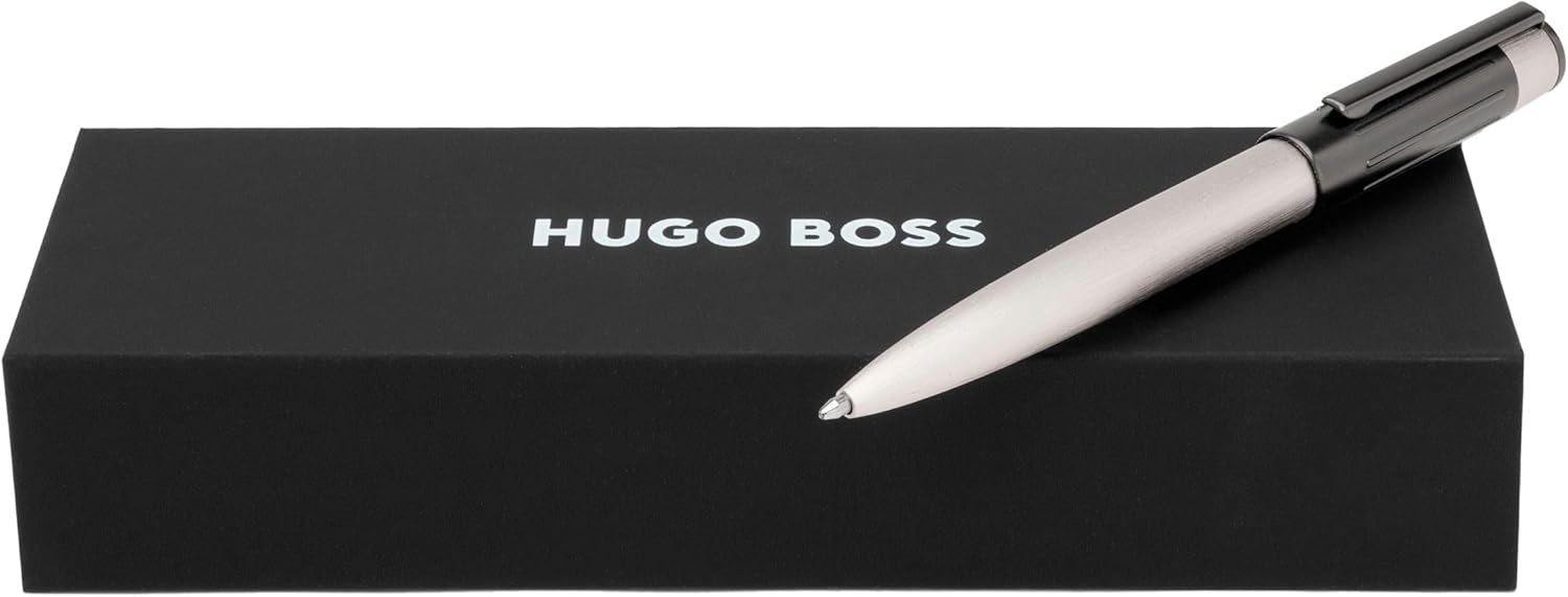 Hugo Boss Gear Ribs HSV3064B Brass and Aluminium Ballpoint Pen - Chrome - Length: 13.8cm - Blue