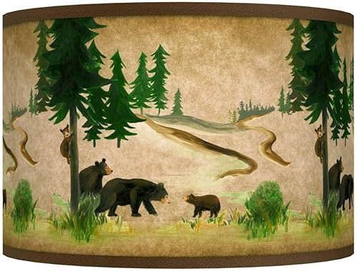 Pantalla de lámpara con impresión de tambor Bear Lodge marrón verde mediano 12 pulgadas superior x 12 pulgadas inferior x 8.5 pulgadas alto araña