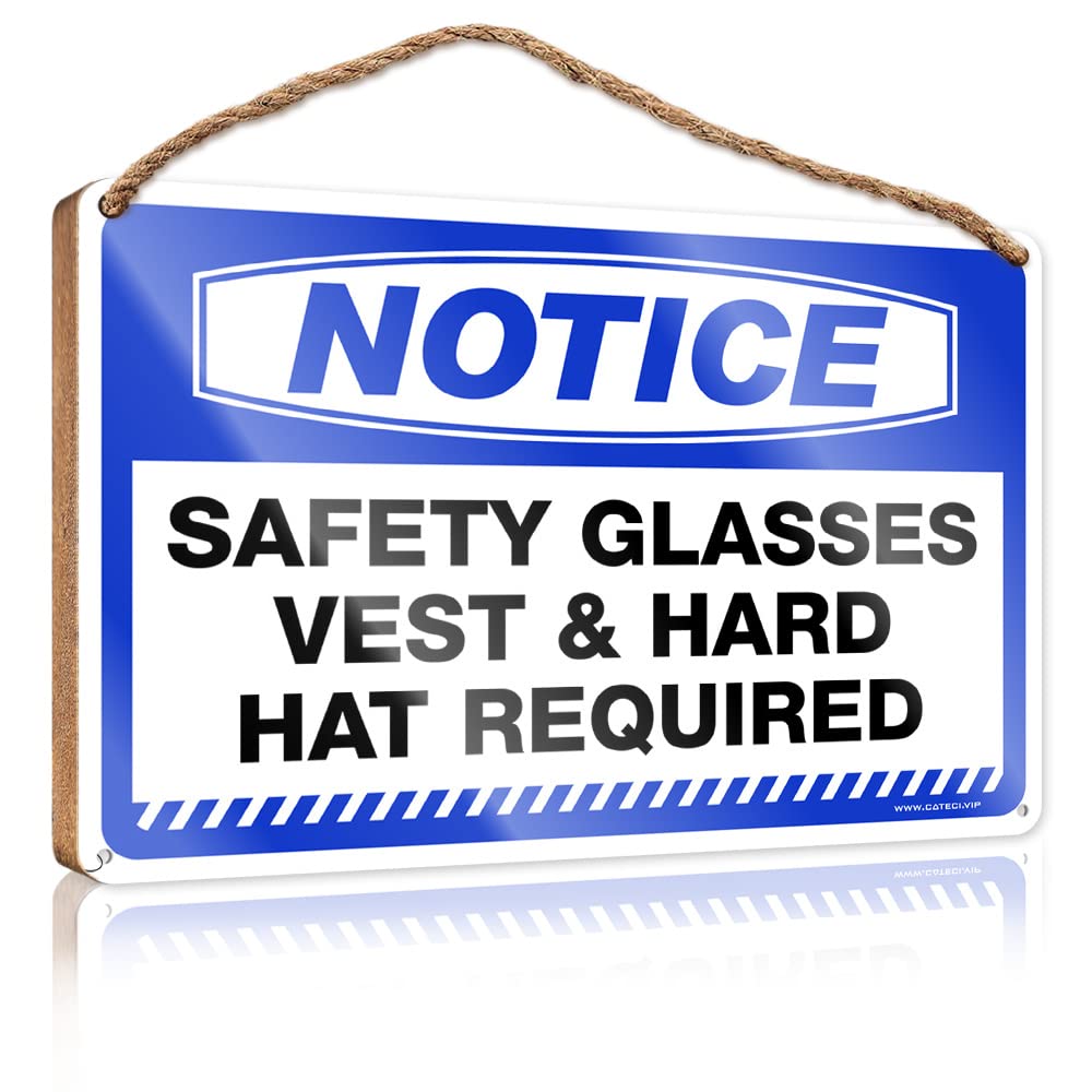 FRINTOXA Decor Signs Notice Safety Glasses Vest & Hard Hat Required Wooden Sign(15X28CM)