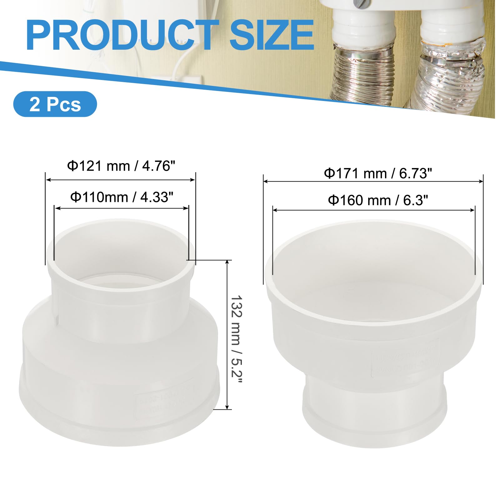 PATIKIL 6" to 4" Duct Reducer, 2 Pcs PVC Pipe Increaser Adapter Ducting Airflow Tube Pipe Fitting for DWV (Drain - Image 2