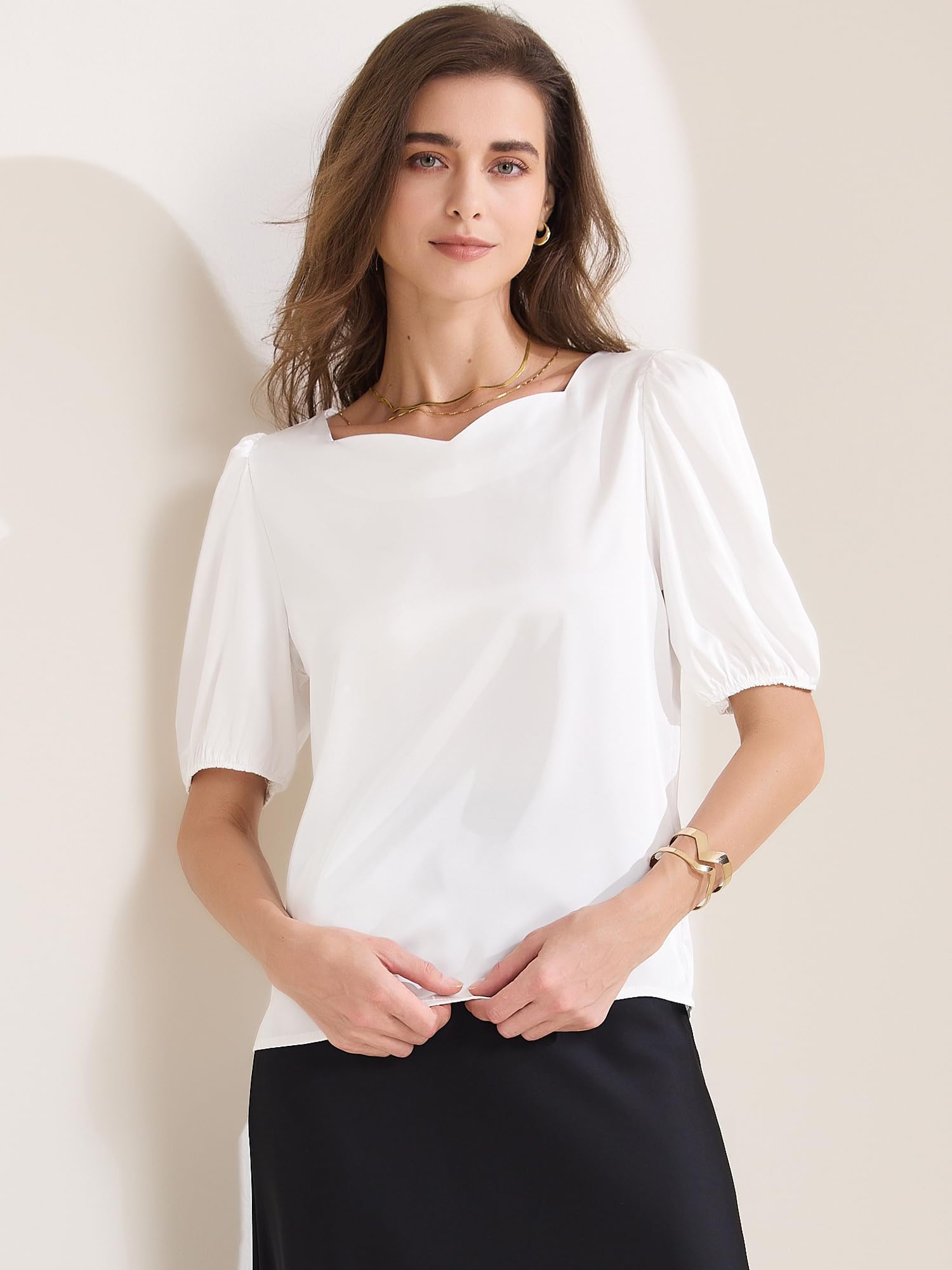 Allegra K Chemisier élégant en satin avec col en cœur et manches mi-longues pour femme