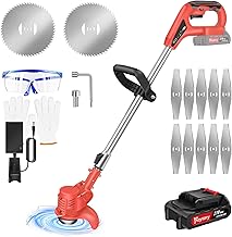 Cordless Strimmer Garden Grass Trimmer, Battery Strimmer Metal Blade Strimmer with 21V 1500mAh Lithium Battery, 10x Metal Blades, 90° Head Adjustment, Red