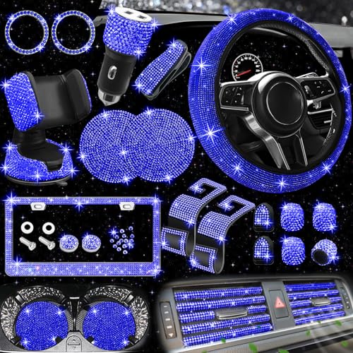 Image of NBTEPEM 27 PCs Blue Bling Car Accessories Set for Women, Steering Wheel Covers Universal Fit 15 Inch, Bling License Plate Frame, Bling Phone Holder, Bling Car Coasters (Blue Diamond)