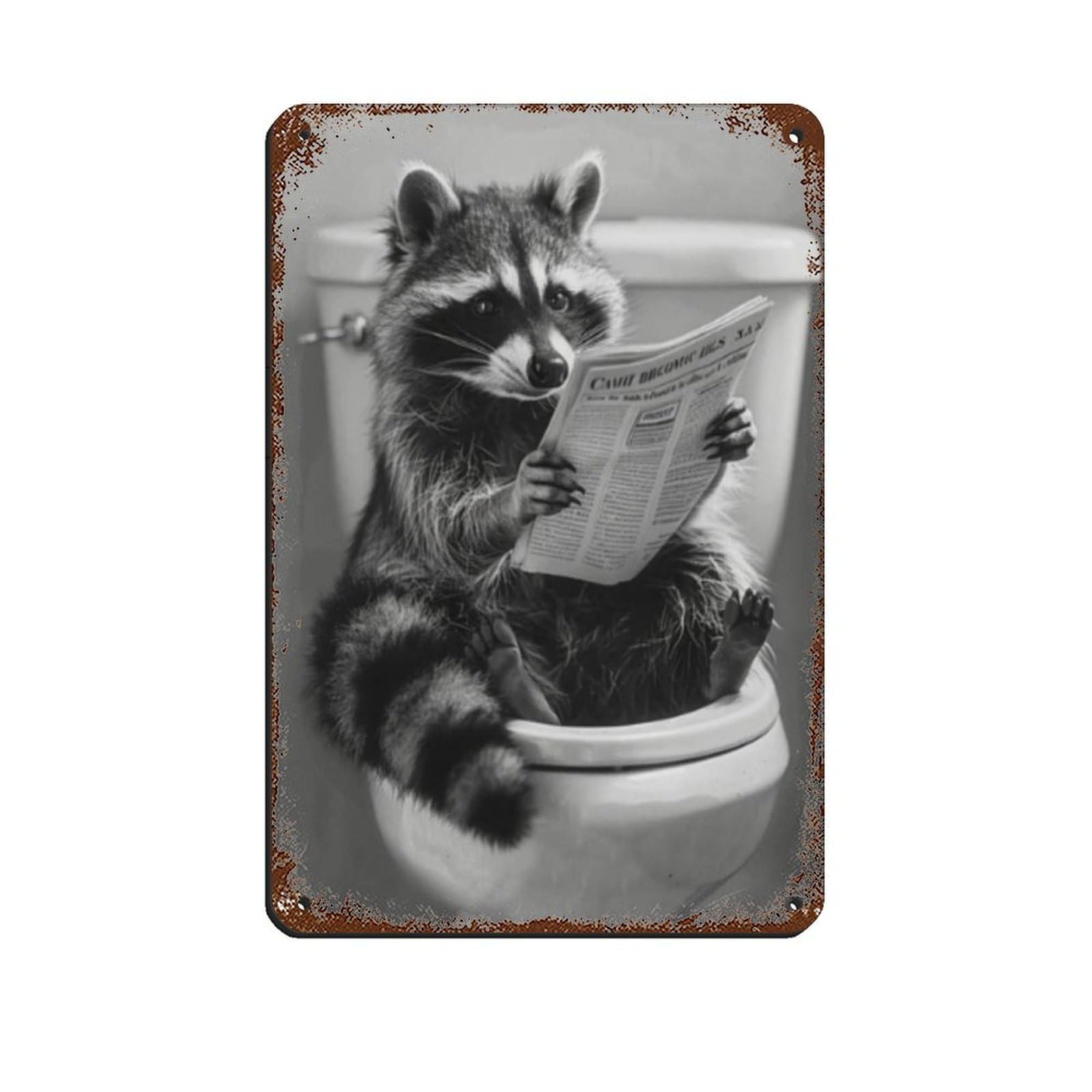 Raccoon Sitting on The Toilet Reading A Newspaper Tin Sign Vintage Metal Pub Club Cafe Bar Home Wall Art Decoration Poster Retro 8x12inch(20x30cm)