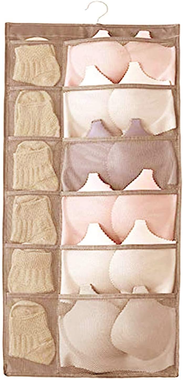 KIVYA Hanging Wardrobe Organizer with 30 Pockets and Hanger Wall Shelf Storage Organizers for Storing Stocking, Bra, Socks, Travel Accessories Dual Side, Non Woven, Beige - Set of 1