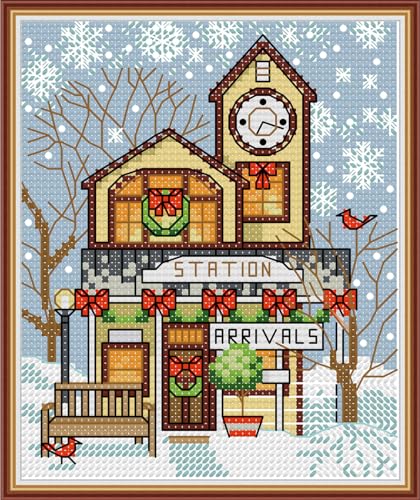 Image of CROSSDECOR Cross Stitch Kits for Adults,Stamped Cross Stitch Kits,14 CT Patterns Dimensions Counted Cross Stitch Kits for Arts Craft Kits,Christmas Cottage 5.9x6.7in