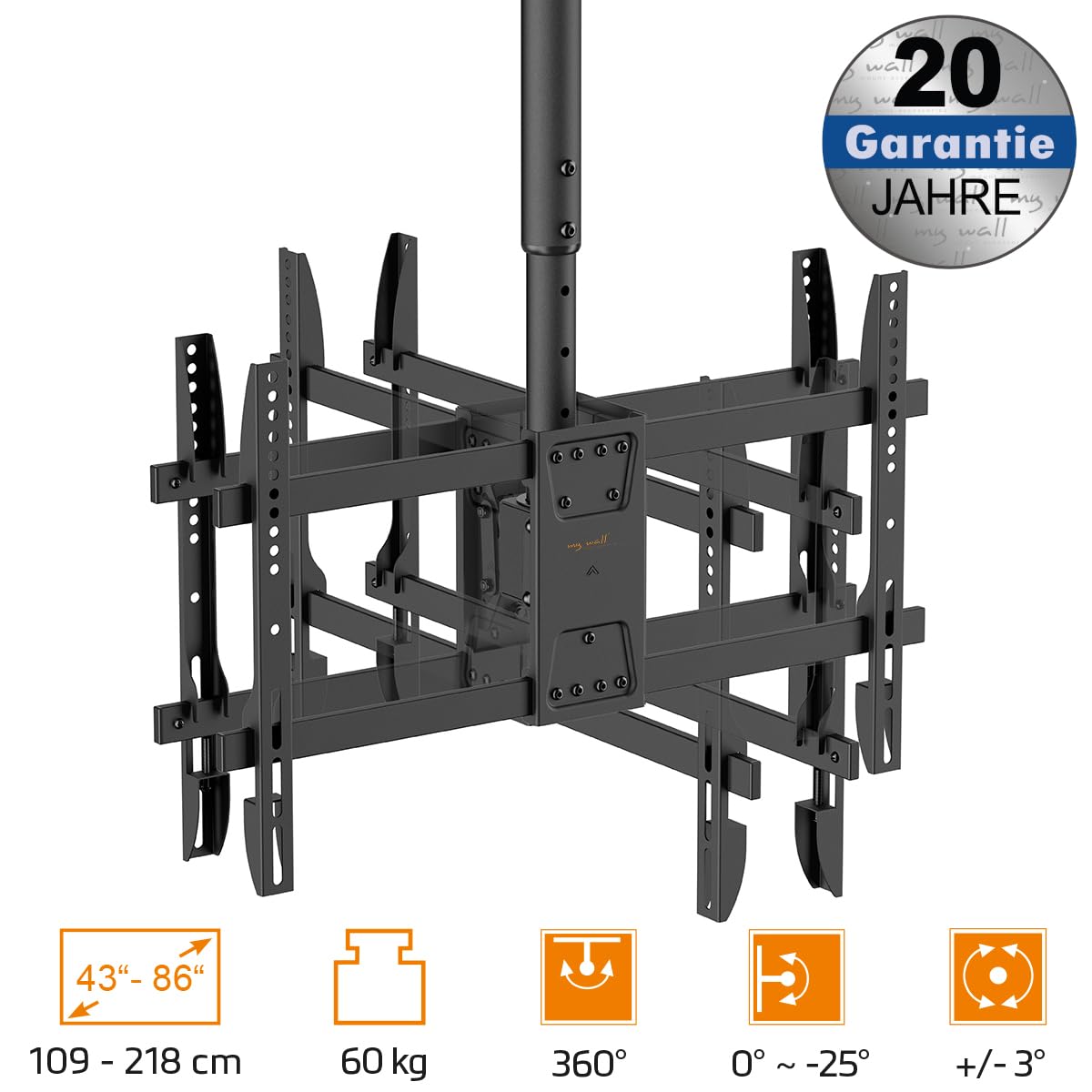 My Wall Supporto mobile per TV da soffitto – HD8L, supporto da soffitto per TV da 43"-86", girevole e inclinabile, asta telescopica, max. 60 kg, supporto da soffitto per TV per soffitti piatti e