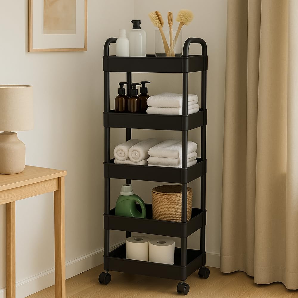 Deconation Desserte à roulettes Noire | Chariot De Cuisine Roulant 5 Niveaux | H 139 X L 41 X P 28,5 Cm | Etagère Toutes Pièces