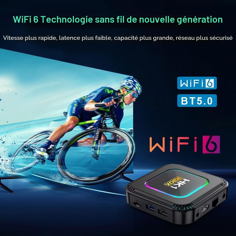 Boîtier TV Android 13.0, HK1 RBOX 4 Go de RAM 128 Go de ROM RK3528 Quad-Core WiFi6 2,4 GHz/5,8 GHz BT5.0 8K HDR10+ Ultra HD USB 3.0 avec mini clavier sans fil 2,4 GHz