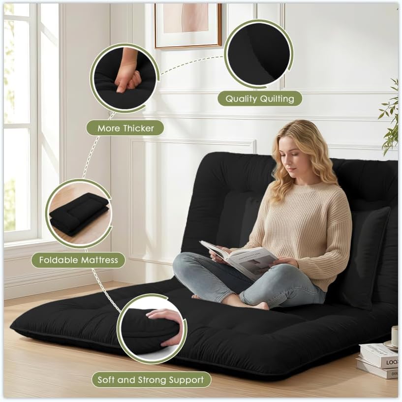 Miniatura 3 de Futón de colchón japonés para piso, tapete plegable de tatami de 4 pulgadas de grosor con 2 fundas de almohada, cama de suelo tamaño individual para