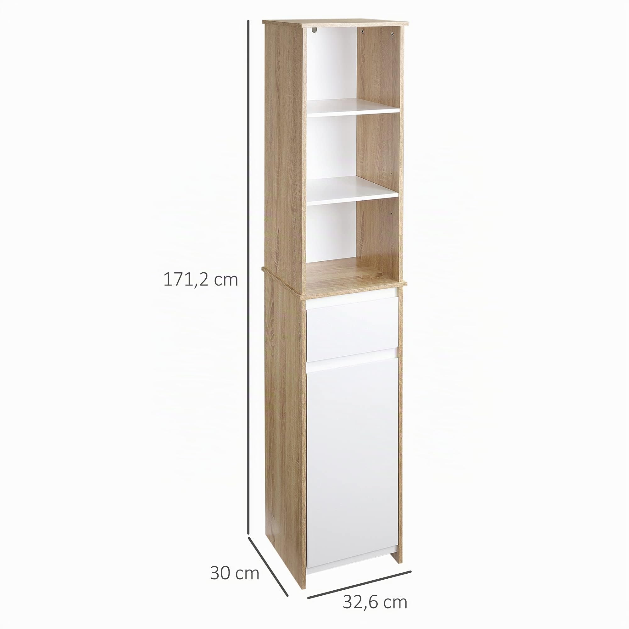 kleankin Armario Alto de Baño 3 Estantes 32,6x30x171,2 cm Natural y Blanco | Mueble Columna de Baño, 1 Puerta, Cajón, Balda Ajustable, para Cocina, para Salón
