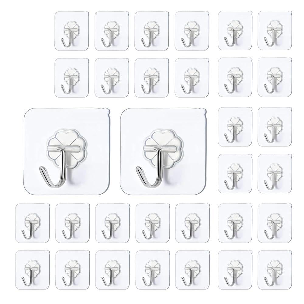 30Pcs Self Adhesive Hooks,Heavy Duty Wall Hooks for Kitchen, Bathroom, Office, Closet, Cloth, Towel, Key, Decorations (13lb)