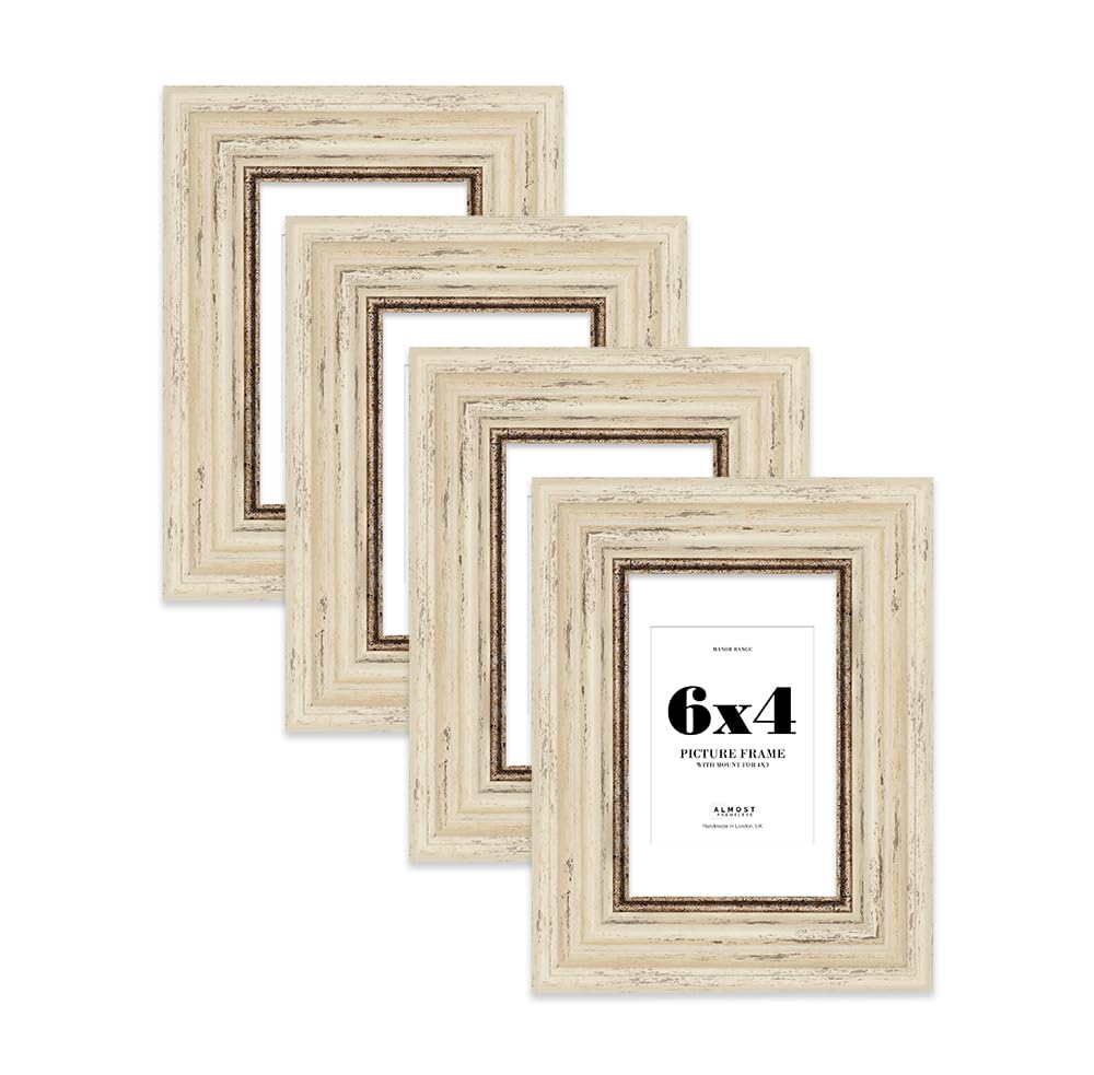 6x4" Distressed Cream Picture Frame - 6x4" Frame with 4x3" Mount for 6x4"/4x3" Pictures Art Deco Style Gallery Wall, 4 Pack