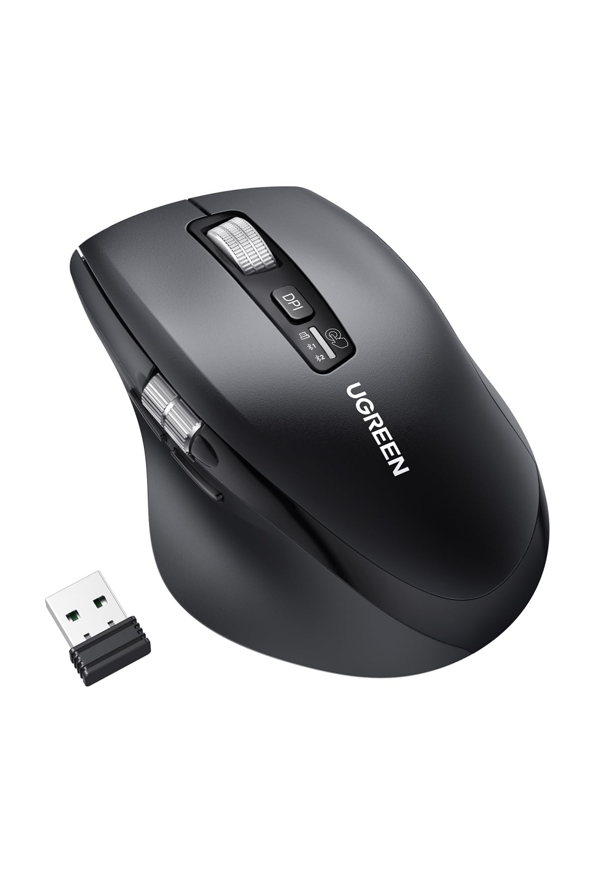 Mysz bezprzewodowa UGREEN 2,4 GHz z Bluetooth z ultraszybkim przewijaniem, ergonomiczna mysz z cichym kliknięciem, zasięg 10 m, kompatybilna z systemami Windows, Linux, macOS, Android i innymi