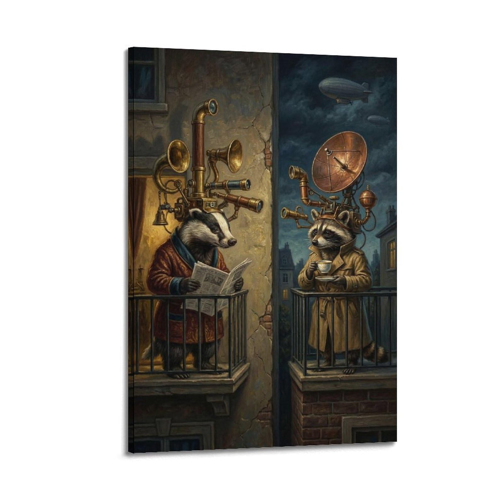XKUGA Surreal Vintage Animal Poster Badger Raccoon Balcony Satire Modern Decorative Canvas Prints - Ideal Wall Art for Family, Man Cave, Game Room, Boys & Girls Bedroom 20x30inch(50x75cm)