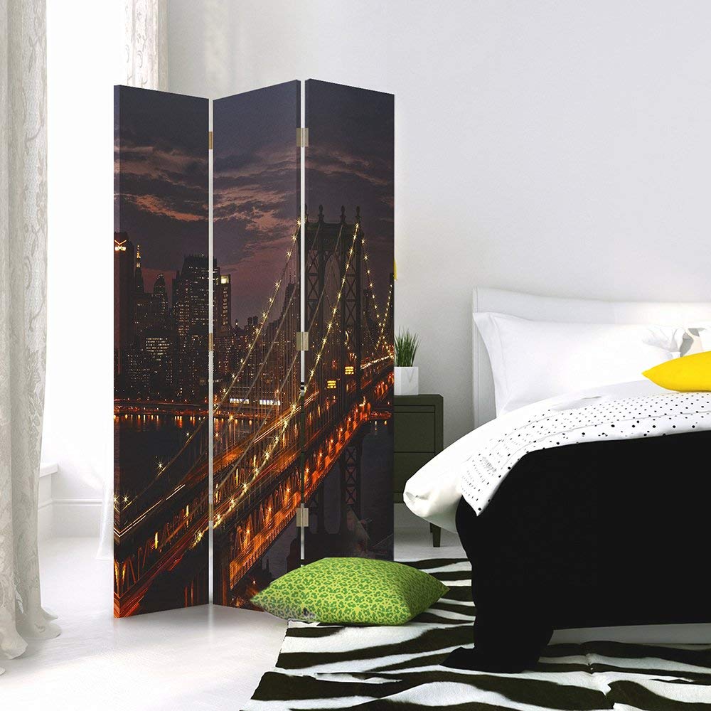 Feeby Paravent New York Manhattan Panorama 3 Panneaux 110x150 cm Seule Côté Cloison de séparation Écran Pliant Paravent Interieur Décoratif Chambre d'enfant Salon Bureau Brooklyn Bridge Brun Orange