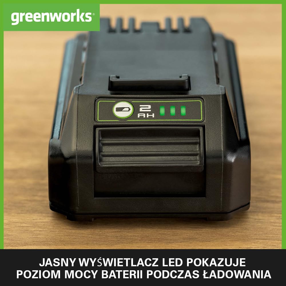 Greenworks Akumulator 24V 2Ah - Akumulator Litowo-Jonowy Greenworks 24V o Pojemności 2Ah, Lekki Design z 3-Stopniową Kontrolą Poziomu Naładowania LED, G24B2