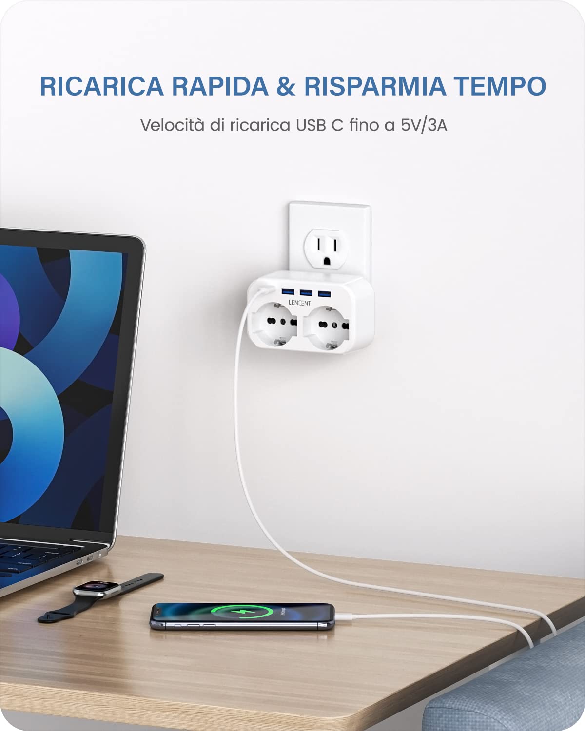 LENCENT Adattatore Presa USA da Viaggio, Multipresa con 2 Prese e 3 USB e 1 USB-C, Presa Schuko da Muro, 2500W Adattatore Spina di Tipo B per Viaggio, Spina Stati Uniti per Canada, Messico, Cuba, ecc.