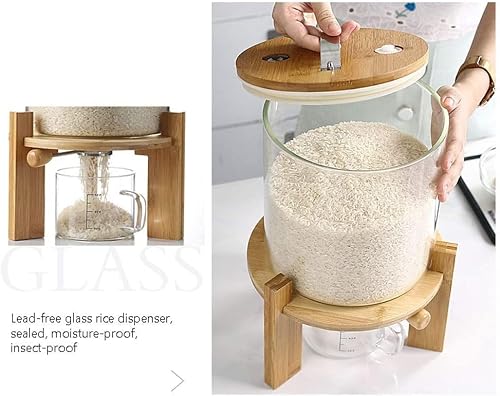 Glass Rice Dispenser With Wooden Stand, Flour And Sugar Container Dispenser With Glass Measuring Cup For Pantry Organization And Storage With Airtight Bamboo Lid For Rice, Beans,And Ground Coffee (5L) #TOP2