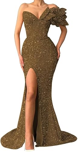 Vestido de fiesta de sirena con lentejuelas 2025 largo con un hombro y cuello en V, vestidos de noche brillantes formales para mujeres con abertura