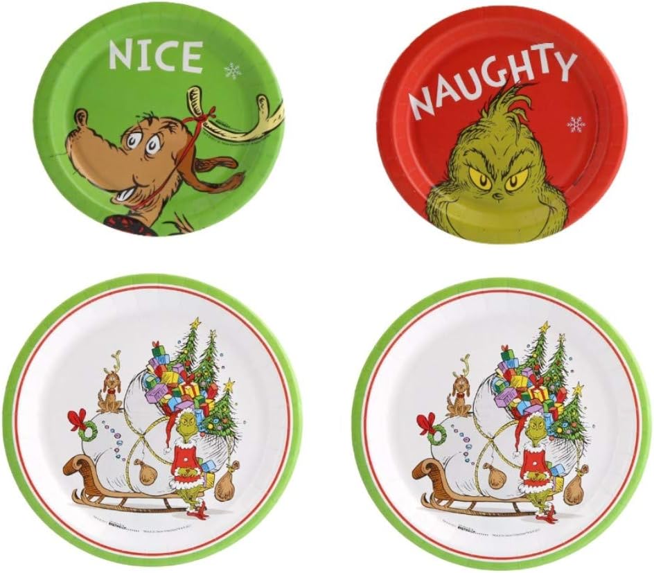 Christmas Dr. Seuss Grinch Holiday Party Plate Bundle for 16 Guests: 16 Dinner Plates, 16 Appetizer Dessert Plates and a Surprise Pin-On Button