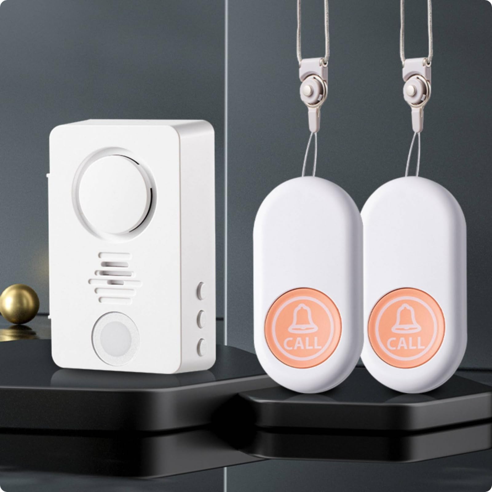 Bouton d'Appel sans Fil Portable avec Sonnette Table à 38 Mélodies pour Service Clientèle , 805 Rechargeable 1 Bouton + 2 Sonnettes avec Lanière