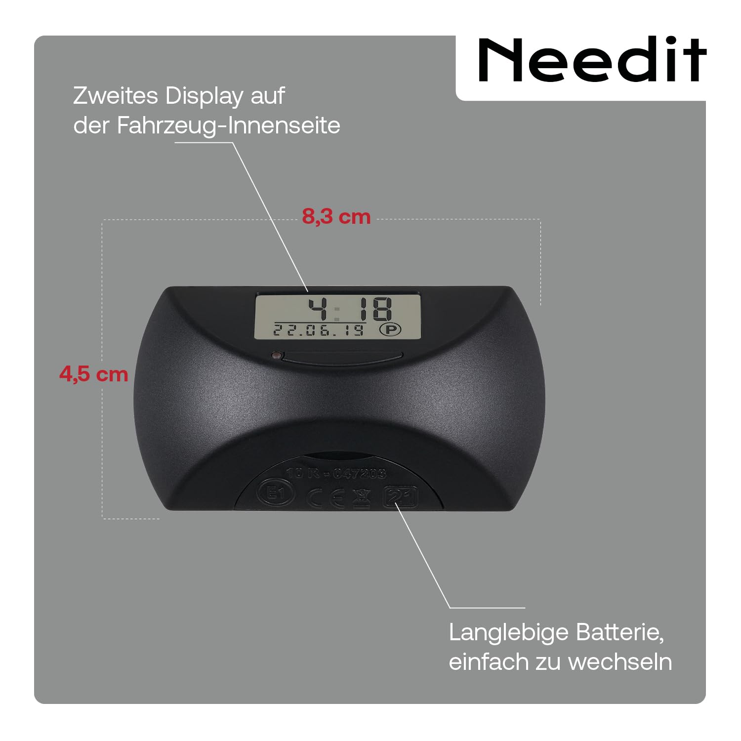 Needit elektronische Parkscheibe Park Mini I automatische Parkscheibe elektrisch mit Zulassung vom Kraftfahrt-Bundesamt I Digitale Parkuhr mit 2 Displays I maximale Funktion in minimalem Format