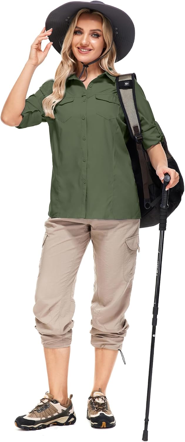 Women UPF 50+ Sun Protection Safari Shirts Quick Dry Lightweight Outdoor Fishing Hiking Travel Shirts with Zipper Pockets - Image 5