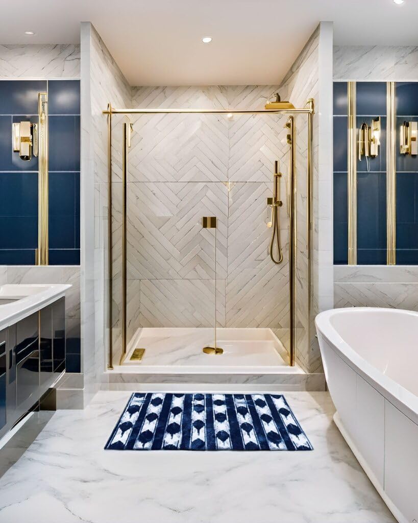 Wash + Dry Indigo Ikat Indoor Rug with Rubber Backing, Small Mat for Entryway, Kitchen, Bathroom, Non-Slip Door Mat, Washable Entryway Rug, Pet Friendly, Navy Blue and White, 20" x 27.5"