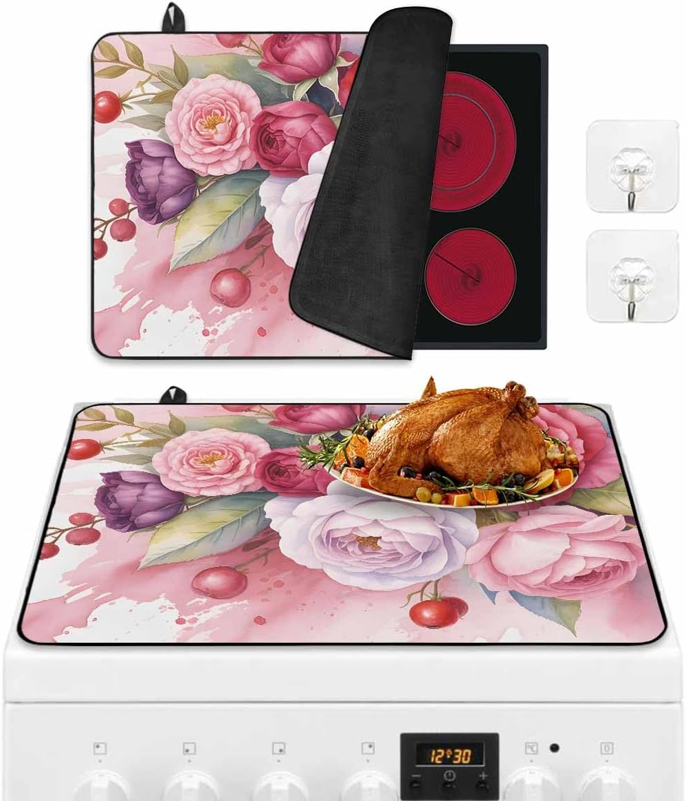 Stove Top Cover, Valentine's Day Abstract Watercolor Pink Red Roses Anti-Slip Heat Resistant Electric Stove Top Cover, Ceramic Glass Cooktop Protector Stove Covers for Flat Top Oven