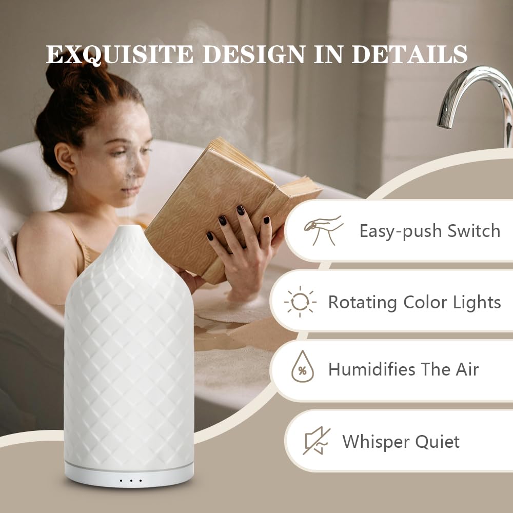 Dyfuzor olejków eterycznych do domu, ceramiczny dyfuzor do aromaterapii do olejków eterycznych, dyfuzor olejków 120 ml z wodoodpornym automatycznym wyłączaniem i 7 diodami LED do dużego