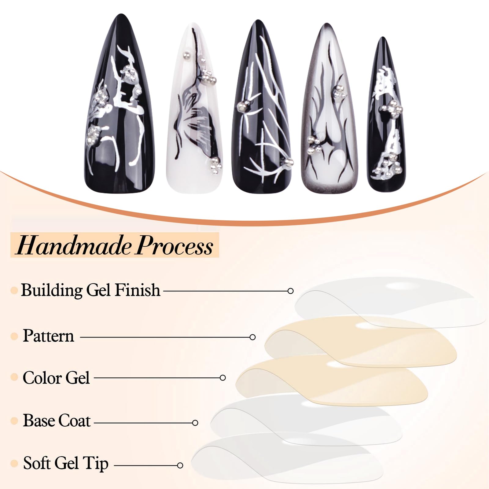 GlamRays 24 sztuk paznokci Press on Nails Długie Stiletto Sztuczne paznokcie Błyszczące Paznokcie klejące Mandratowe Akrylowe paznokcie Goth Czarne Sztuczne paznokcie Gothic Motyl Nakładane sztuczne